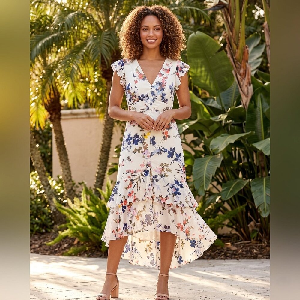 Tommy Hilfiger Floral Ruffle Hi-Lo Midi Dress